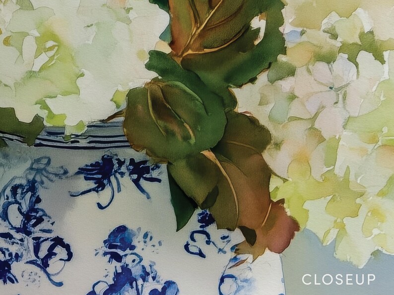 Watercolor print of delicate white hydrangea blossoms in a vintage-style grandmillennial vase, painted with a soft color palette.
