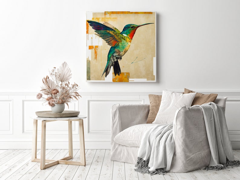Hummingbird Art Painting Gallery Wrapped Canvas Print Extra Large Wall Art Decor In Flight Wildlife Print Spring Decor Contemporary