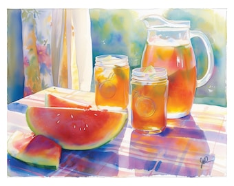 Sweet Tea Still Life, Watermelon Watercolor, Southern Art, Summer Print, Breakfast Nook Wall Art, Bar, Kitchen Decor, Country Gift For Her
