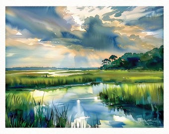 Marsh Painting, Salt Marsh Print, Lowcountry Art, Charleston South Carolina Watercolor, Gift For Her, Coastal Decor, Sunrise Beach House Art