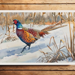 Pheasant Art, Pheasant Hunting Watercolor, Ring-Necked Pheasant Gift For Him, Cabin Lodge Wall Art Decor, Wildlife Painting Office Bedroom