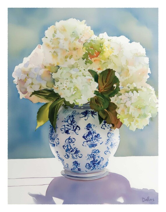 Fine Art Print, White Hydrangea Watercolor Art, Floral Art, Blue White Vase, Grandmillennial Decor, Southern Coastal Wall Art, Gift For Her