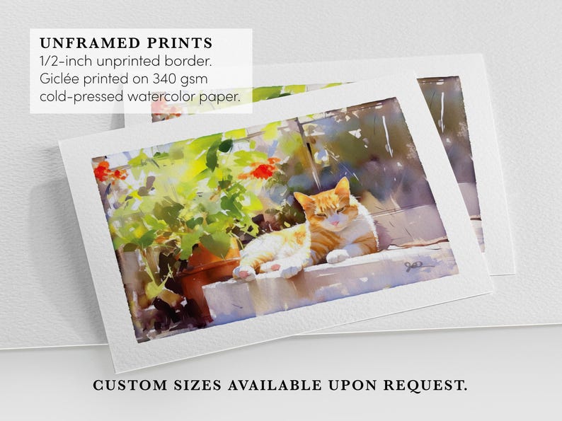 Orange Tabby Cat Print, Ginger Orange Tabby Cat Art, Fine Art Impressionist Watercolor Painting, Cat Lover Gift, Garden Flowers Wall Decor