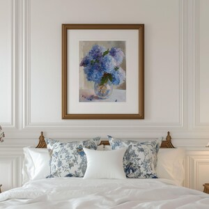Impressionist blue hydrangeas art print with rich colors and expressive brushstrokes, ideal for Southern style homes and Lowcountry-inspired decor.