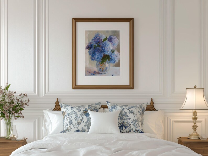 Impressionist blue hydrangeas art print with rich colors and expressive brushstrokes, ideal for Southern style homes and Lowcountry-inspired decor.