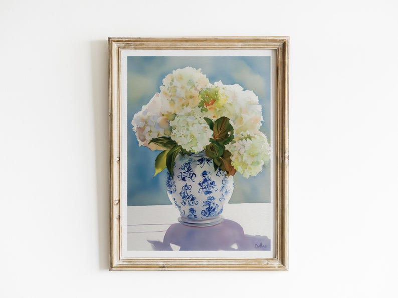 Watercolor print of delicate white hydrangea blossoms in a vintage-style grandmillennial vase, painted with a soft color palette.