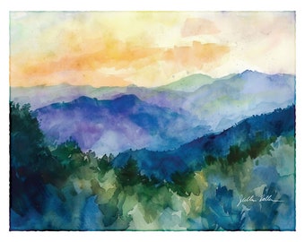 Smoky Mountains Wall Art, Mountains Abstract Painting, Sunset Landscape Watercolor, Impressionist Print, Misty Mountains Cabin Lodge Decor