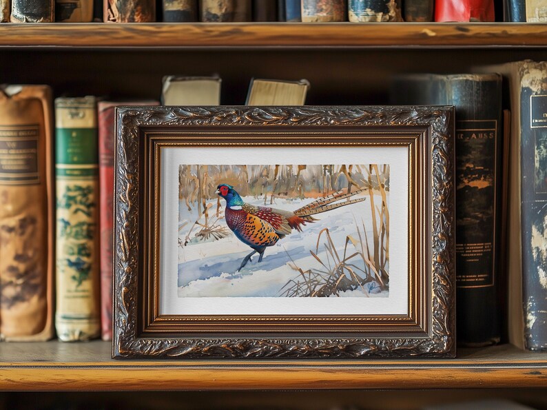 Pheasant Art, Pheasant Hunting Watercolor, Ring-Necked Pheasant Gift For Him, Cabin Lodge Wall Art Decor, Wildlife Painting Office Bedroom