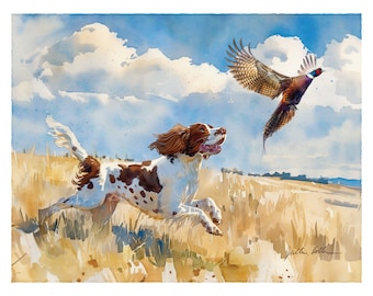Springer Spaniel Art, Pheasant Hunting Print, Bird Dog Watercolor, Springer Spaniel Gift, Lodge Cabin Decor Painting, Wall Art Gift For Him