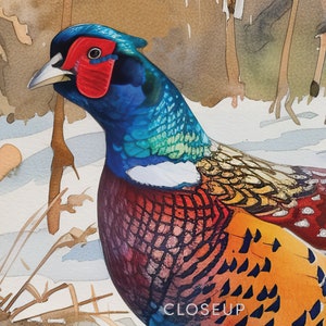 Pheasant Art, Pheasant Hunting Watercolor, Ring-Necked Pheasant Gift For Him, Cabin Lodge Wall Art Decor, Wildlife Painting Office Bedroom