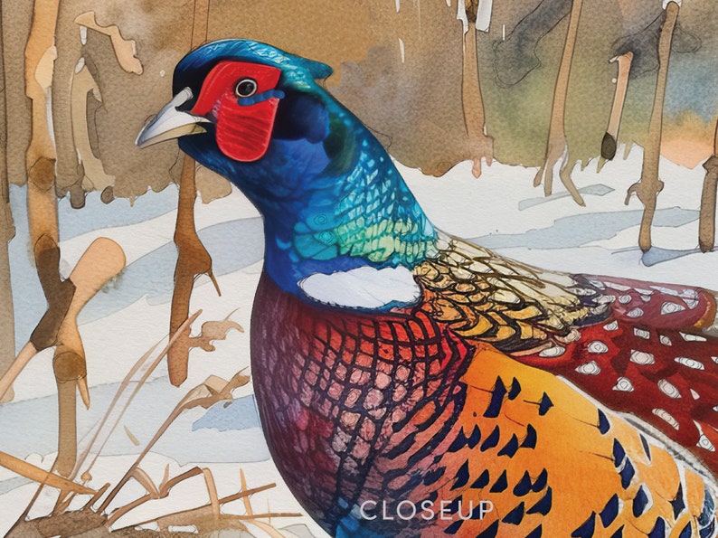 Pheasant Art, Pheasant Hunting Watercolor, Ring-Necked Pheasant Gift For Him, Cabin Lodge Wall Art Decor, Wildlife Painting Office Bedroom