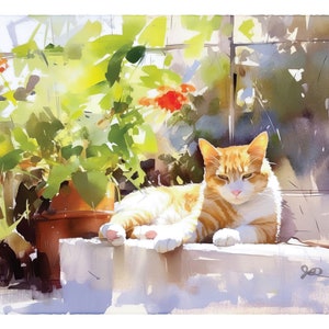 Orange Tabby Cat Print, Ginger Orange Tabby Cat Art, Fine Art Impressionist Watercolor Painting, Cat Lover Gift, Garden Flowers Wall Decor