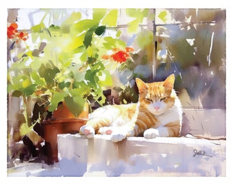 Orange Tabby Cat Print, Ginger Orange Tabby Cat Art, Fine Art Impressionist Watercolor Painting, Cat Lover Gift, Garden Flowers Wall Decor