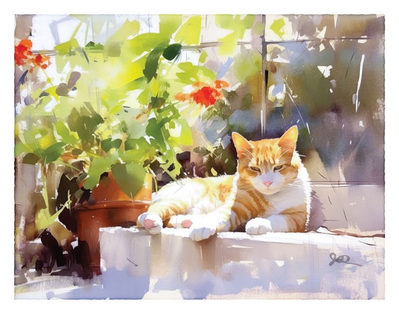 Orange Tabby Cat Print, Ginger Orange Tabby Cat Art, Fine Art Impressionist Watercolor Painting, Cat Lover Gift, Garden Flowers Wall Decor