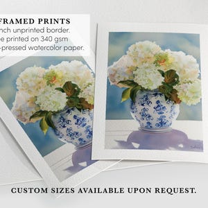 Watercolor print of delicate white hydrangea blossoms in a vintage-style grandmillennial vase, painted with a soft color palette.