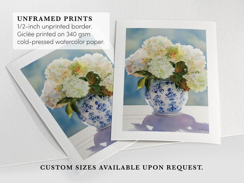 Watercolor print of delicate white hydrangea blossoms in a vintage-style grandmillennial vase, painted with a soft color palette.