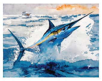 Blue Marlin Print For Him, Fathers Day Fishing Gift Watercolor Painting, Offshore Saltwater Sport Fishing Wall Art, Dads Coastal Beach Decor