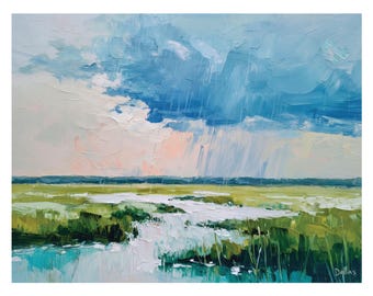 Lowcountry Fine Art Print, Salt Marsh Landscape Oil Painting, Rainstorm Artwork, Hilton Head Island, Grandmillennial Decor, Coastal Wall Art