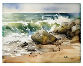 Rocky Beach Painting, Seascape Watercolor, Coastal Decor, Plein Air Coastal Wall Art, Moody Nautical Ocean Giclee, Beach House Gift for Him