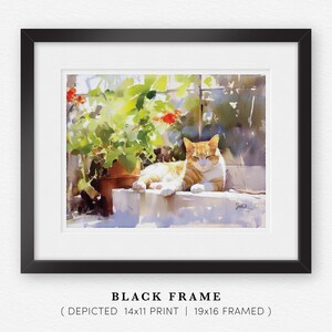 Orange Tabby Cat Print, Ginger Orange Tabby Cat Art, Fine Art Impressionist Watercolor Painting, Cat Lover Gift, Garden Flowers Wall Decor