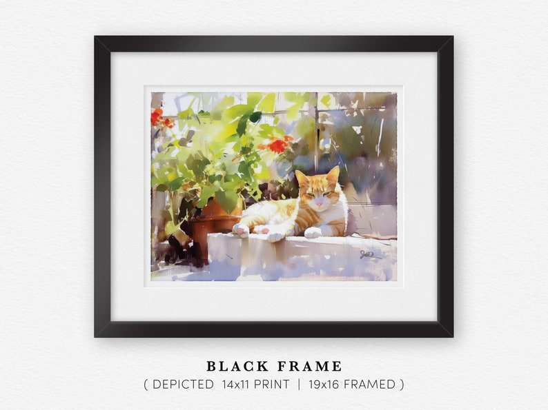 Orange Tabby Cat Print, Ginger Orange Tabby Cat Art, Fine Art Impressionist Watercolor Painting, Cat Lover Gift, Garden Flowers Wall Decor