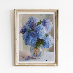 Impressionist blue hydrangeas art print with rich colors and expressive brushstrokes, ideal for Southern style homes and Lowcountry-inspired decor.