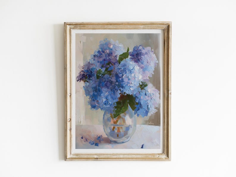 Impressionist blue hydrangeas art print with rich colors and expressive brushstrokes, ideal for Southern style homes and Lowcountry-inspired decor.