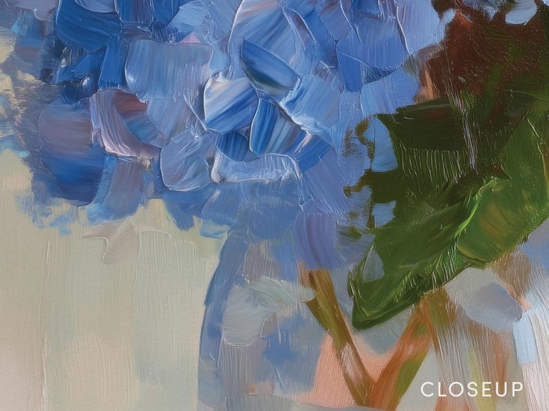Impressionist blue hydrangeas art print with rich colors and expressive brushstrokes, ideal for Southern style homes and Lowcountry-inspired decor.