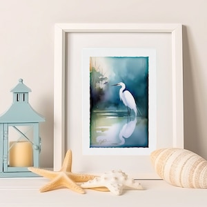 Egret Art Watercolor Print Great Egret Painting Audubon Bird Wall Hanging Fine Art Wildlife Decor Bird Lover Gift Egret Art Coastal Decor