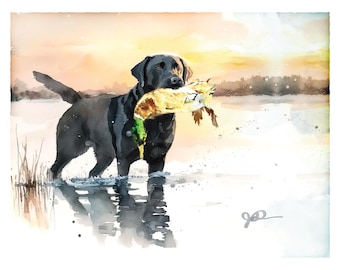 Labrador Retriever Watercolor Print Dog Painting Duck Hunting Wall Hanging Fine Art Dog Decor Labrador Gift Pet Artwork Hunting Dog Duck
