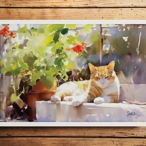 Orange Tabby Cat Print, Ginger Orange Tabby Cat Art, Fine Art Impressionist Watercolor Painting, Cat Lover Gift, Garden Flowers Wall Decor
