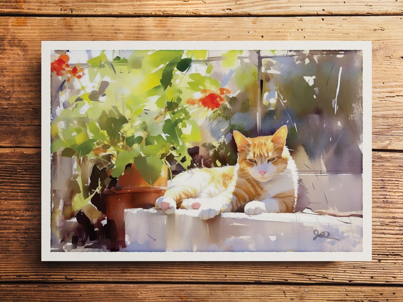Orange Tabby Cat Print, Ginger Orange Tabby Cat Art, Fine Art Impressionist Watercolor Painting, Cat Lover Gift, Garden Flowers Wall Decor