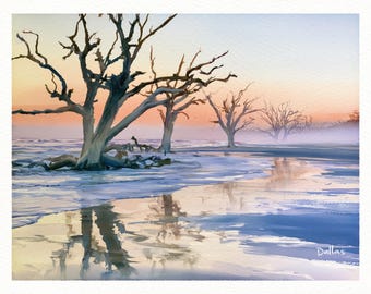 Edisto Island Boneyard Beach Watercolor Print, South Carolina Coastal Wall Art, Lowcountry Beach Decor, Sunrise Driftwood Oak Tree Landscape
