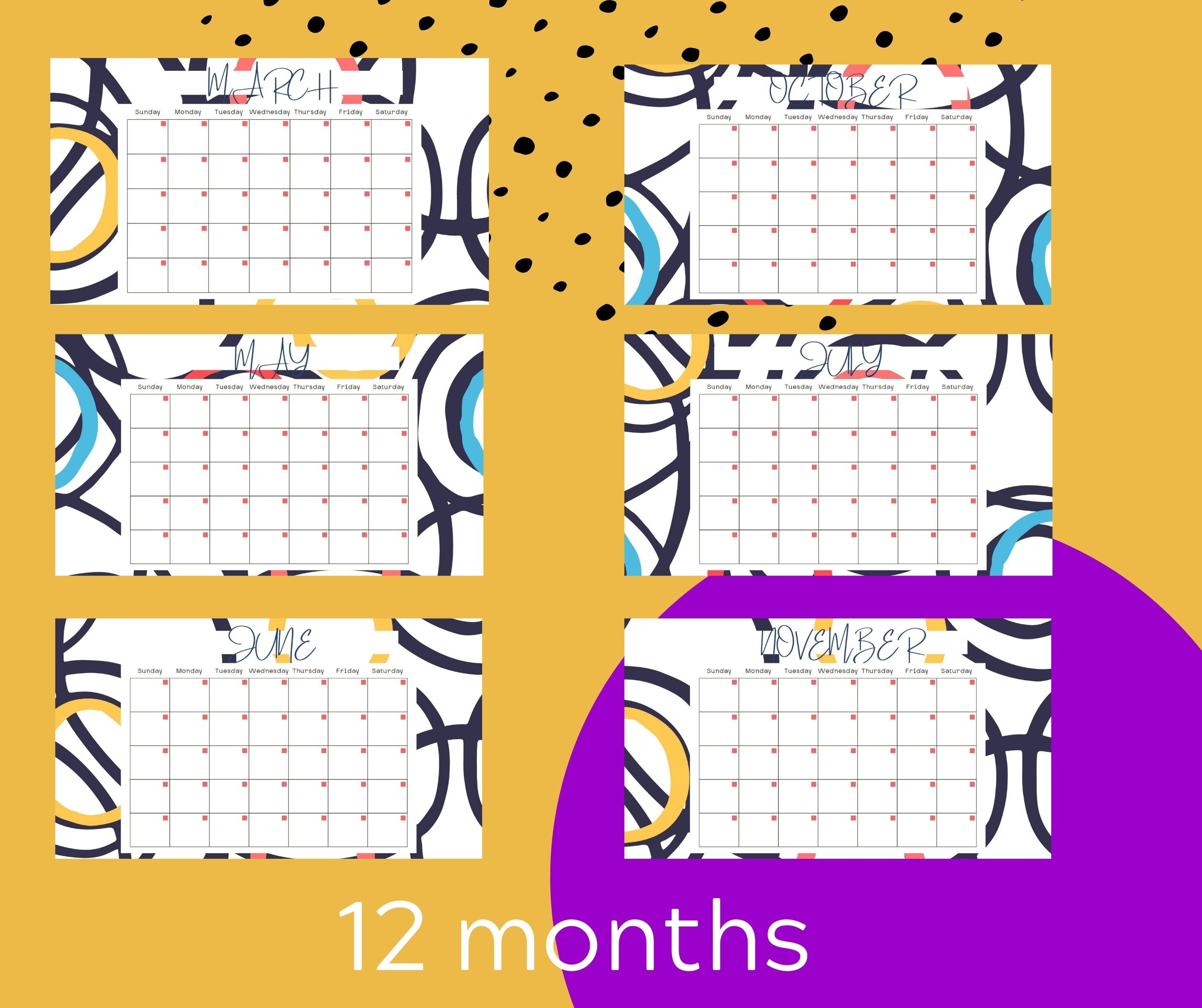 Printable Calendar, Landscape Download Pdf, Colorful Design - Digital