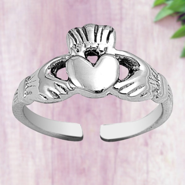 Anello in argento sterling 925 Claddagh Petite Dainty Toe, Anello in argento, Anello a forma di cuore, Anello da mignolo, Anello regolabile