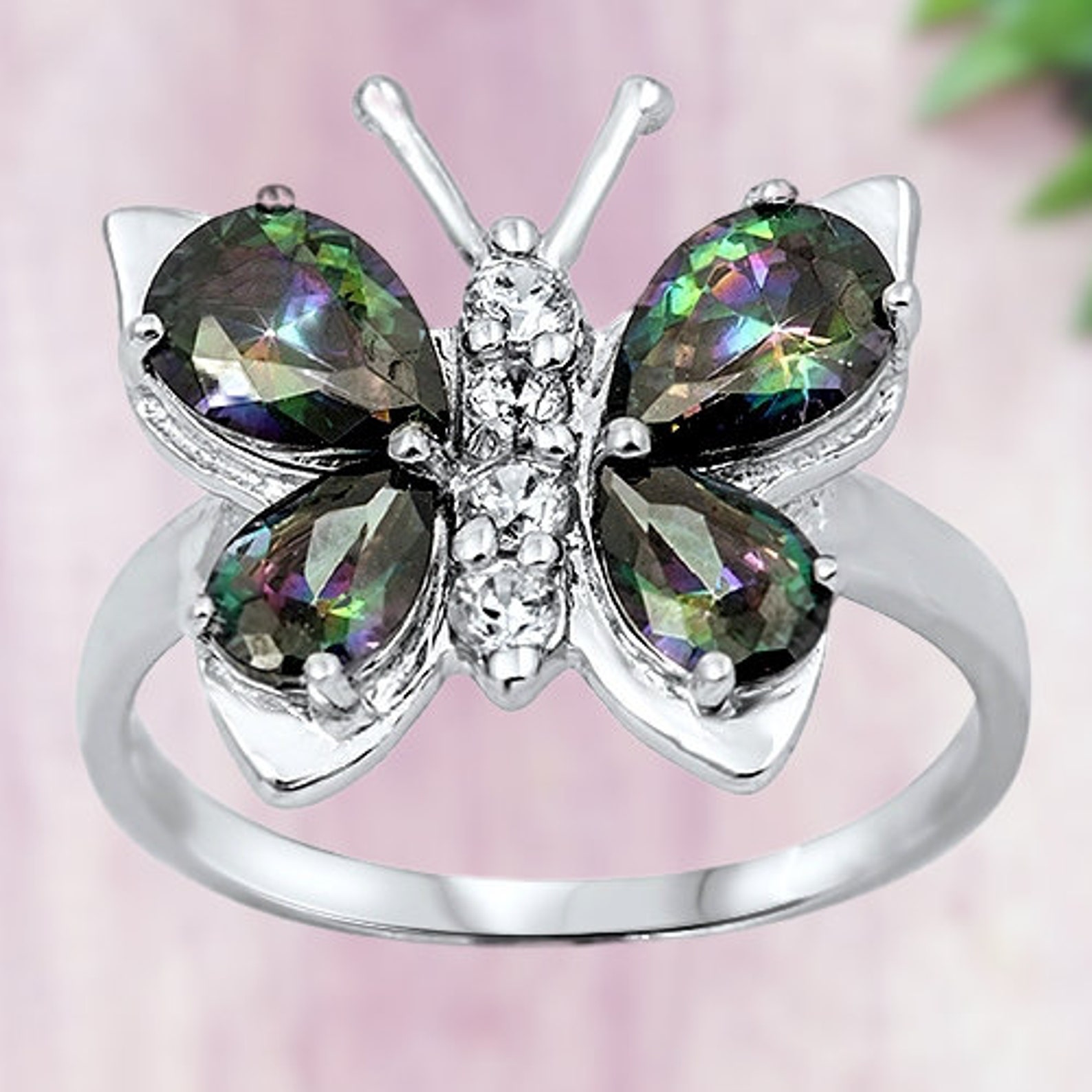 925 Sterling Silver Butterfly Promise Statement Ring Rainbow Etsy