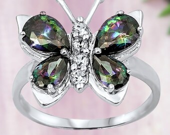 925 Sterling Silver Butterfly Promise Statement Ring Rainbow Topaz CZ Diamond Simulated Engagement Ring Cubic Zirconia