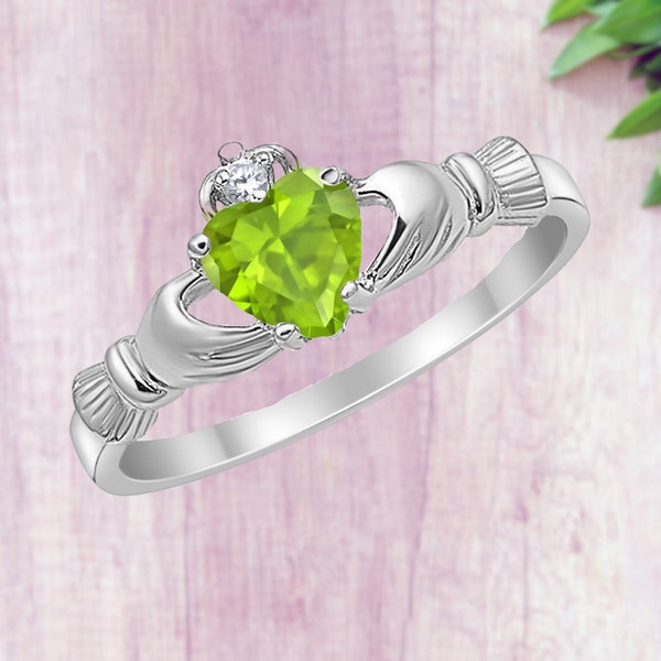 925 Sterling Silver 0.74ct Claddagh Irish Promise Ring Round Heart Peridot CZ August Birthstone Simulated Diamond Engagement Ring