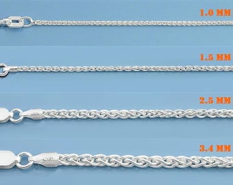 925 Sterling Silver Wheat Chain, Silver Spiga Chain, Sterling Silver Chain, Mens Womens Chain, Wheat Necklace, Made in Italy 1.0mm-3.4mm