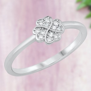 925 Sterling Silver Four Leaf Clover Ring Statement Ring Round Clear CZ Diamond Simulated Lucky Charm Ring CZ Cubic Zirconia