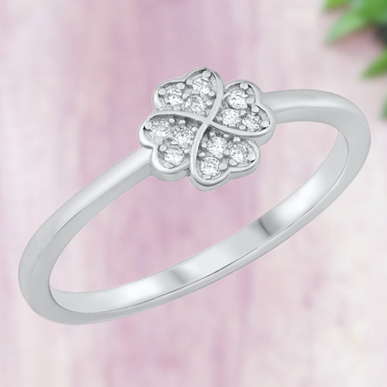 925 Sterling Silver Four Leaf Clover Ring Statement Ring Round Clear CZ Diamond Simulated Lucky Charm Ring CZ Cubic Zirconia image 1