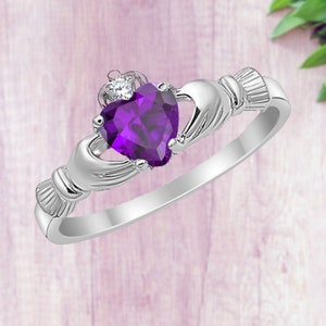 925 Sterling Silver Claddagh Irish Promise Ring Round Heart Amethyst CZ February Birthstone 0.74ct Simulated Diamond Engagement Ring