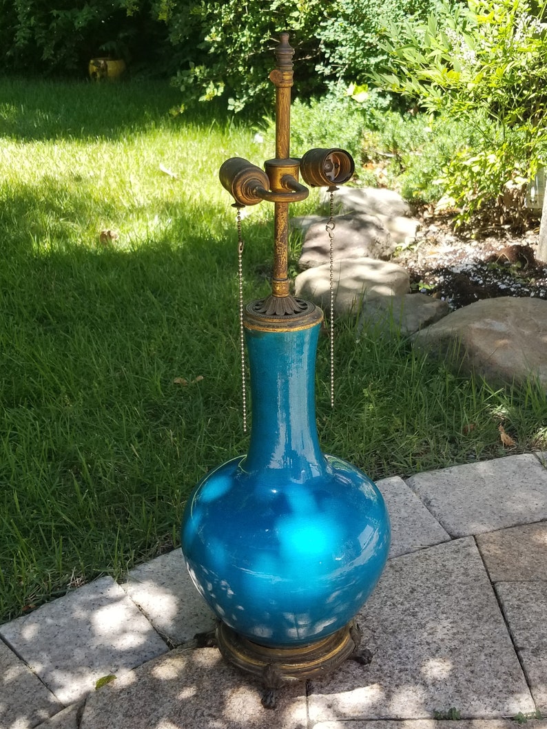 Antique Chinese Lamp Claw Foot Lamp Bronze Base Lamp Blue Etsy