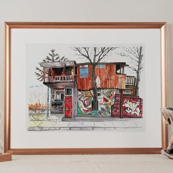 Baumhaus an der Mauer, Treehouse on the Wall: Watercolor and Ink, sold and signed by author.