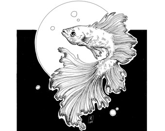 Betta Fish Bubbles Print- Instant Digital download art print 8x10 jpeg