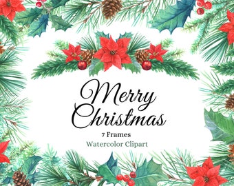 Watercolor Christmas Frames Clipart: Poinsettia, Pine Cones (Digital Download)