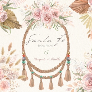 Watercolor Boho Clipart, Dusty Pink Flowers, Boho Floral Bouquets and Wreaths, Tassel Dreamcatcher, Bohemian Invitations, and Scrapbooking,
