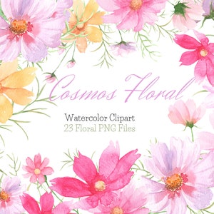 Aquarel kosmos bloemen, blozen bloemen clipart, pastel roze bloemelementen, verjaardag & baby shower, bruiloft uitnodigingskaarten, scrapbooking