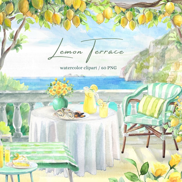 Lemon Watercolor Clipart, Amalfi Lemon Terrace, Lemon Vine, Lemonade, Lemoncello, Mediterranean Seafood, Italy Clipart, DIY Scenery Clip Art