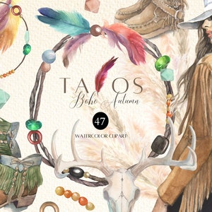 Clipart de moda boho em aquarela, clipart de outono, apanhador de sonhos DIY, ilustração de menina boho, clipart de moda de outono, chifres, penas, boho